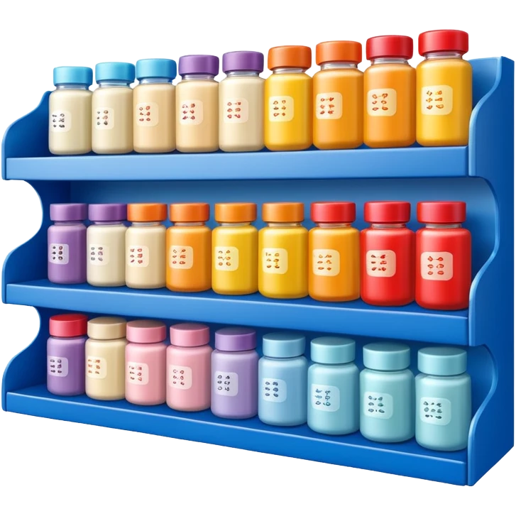 Japanese brand creams displayed on a storage shelf, arranged with horizontal variation and vertical consistency. emoji