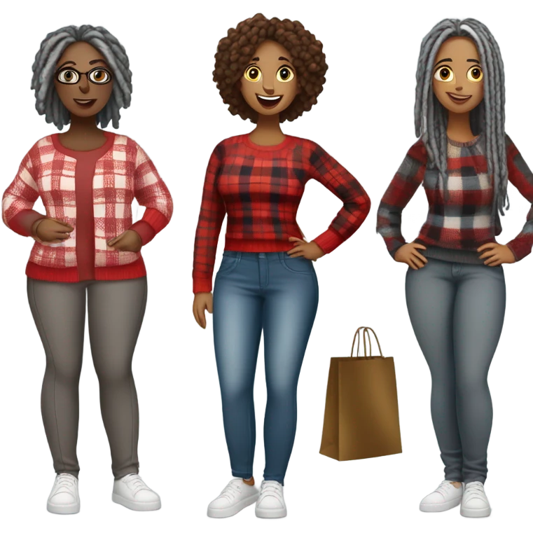 One Curvy woman gray locs in pants shopping.  The other curvy woman is brown with red locs in a skirt with plaid sweater shopping emoji