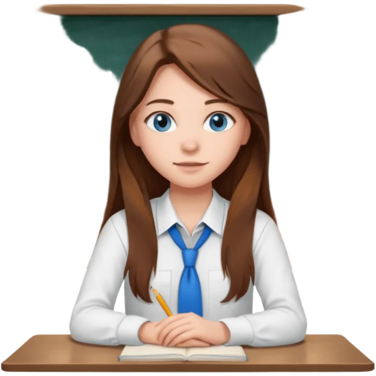 high school class room with a pretty female high school student with long brown hair, blue eyes sitting in front of the blackboard emoji