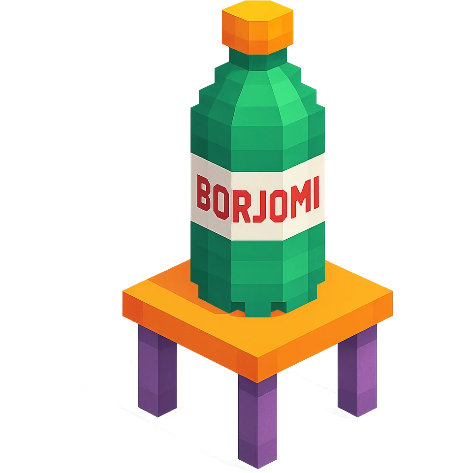 Borjomi bottle with a matte finish and a cap, placed on a small table emoji