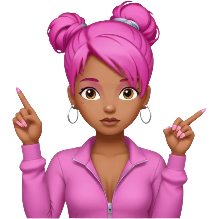 Brownskin girl , pink hair , edges ,  sassy looking pointing at the sky while pouting, pink nails, hair a slick back bun, with a pink jumpsuit  emoji