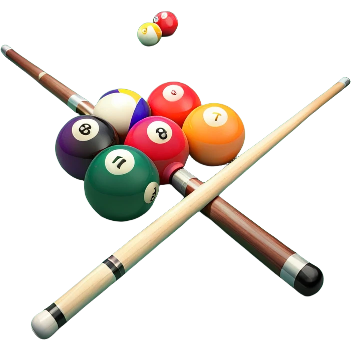 Two crossed pool cues resting on a billiard table, with colorful billiard balls scattered across the surface. The background features the felt of the table, creating an inviting atmosphere for a game of precision and strategy emoji
