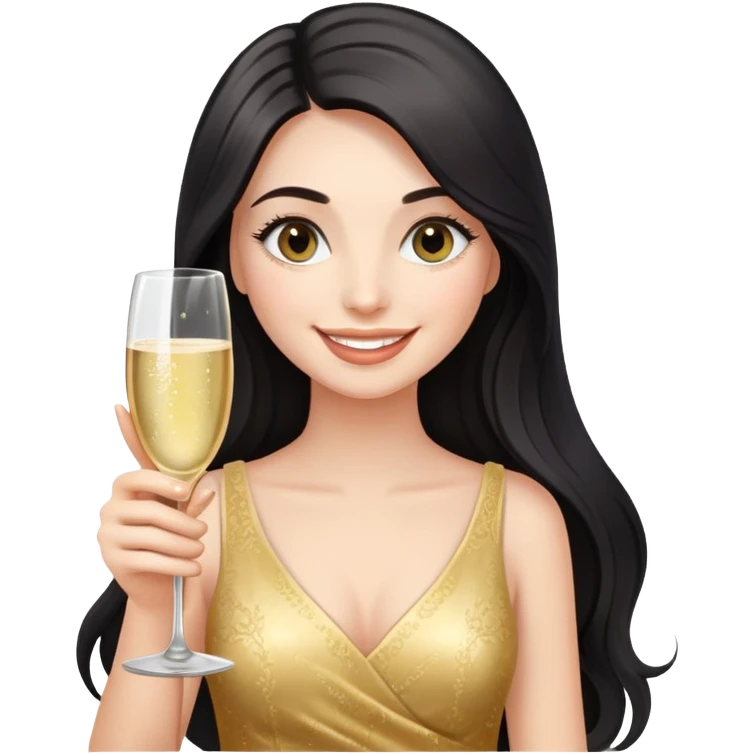Smiling girl with long dark hair and bold eyelashes holding champagne glass emoji