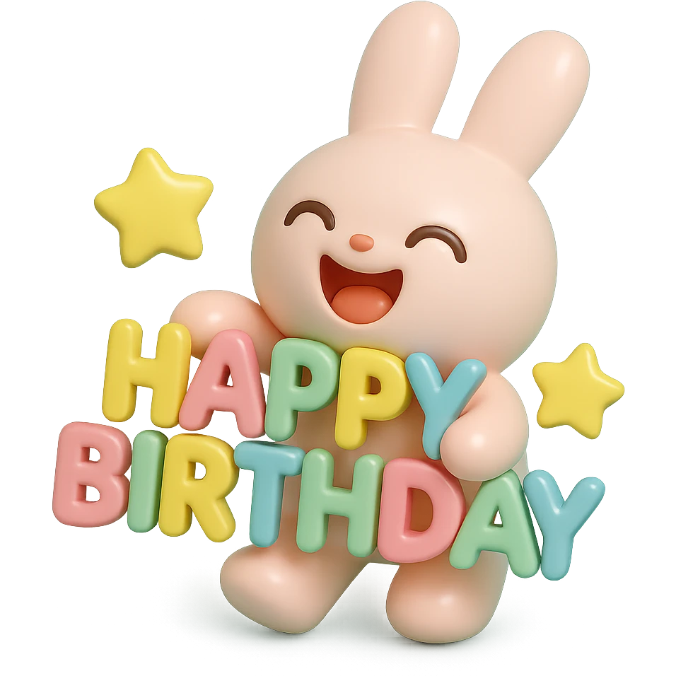 laughing bunny hugging "Happy Birthday" letters with stars, vinyl figure style, smooth, shiny, collectible toy emoji