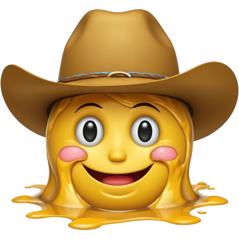 A yellow smiley face melting into a puddle. 

The eyes and mouth slip down the face, yet still maintain a distorted smile. The face is wearing a cowboy hat. emoji