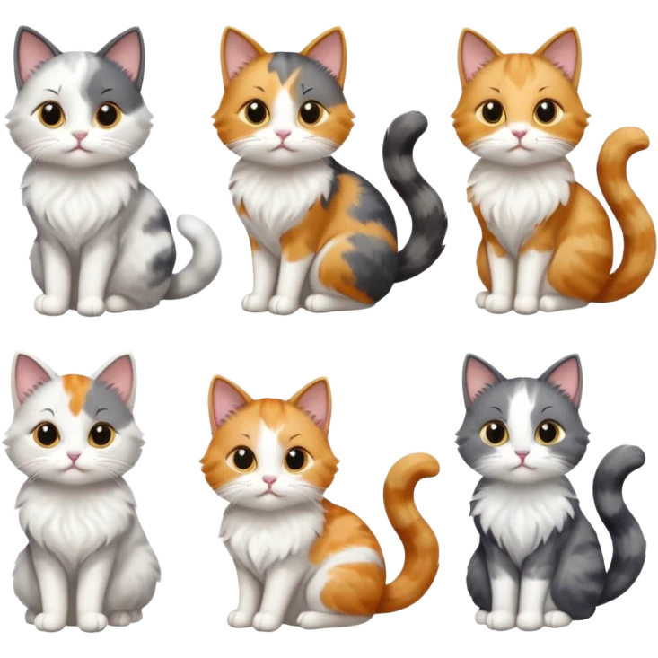6 realistic looking cats with different natural coloured coats, assorted grey and white, greys, calico colours etc
 emoji
