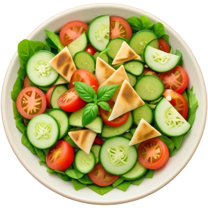 Cinematic Realistic Fattoush Salad Dish Emoji, depicted as a colorful medley of greens, tomatoes, cucumbers, and crispy pita rendered with vibrant textures and refreshing lighting. emoji