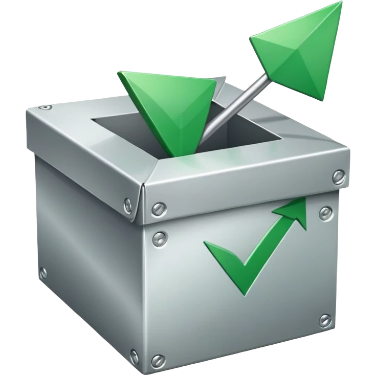 closed box with a circular arrow and green checkmark icon above the box, upper right emoji