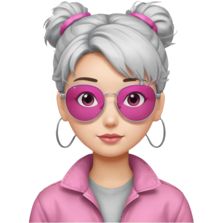 Girl with silver messy hair bun with pink aviators emoji