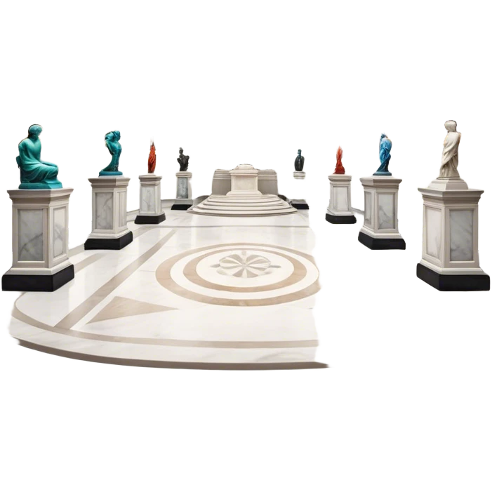 An icon featuring an elegant art gallery with classic paintings hanging on the walls, and sculptures displayed on pedestals. Visitors admire the exhibits, capturing the essence of culture, history, and art. Set against a transparent background. emoji