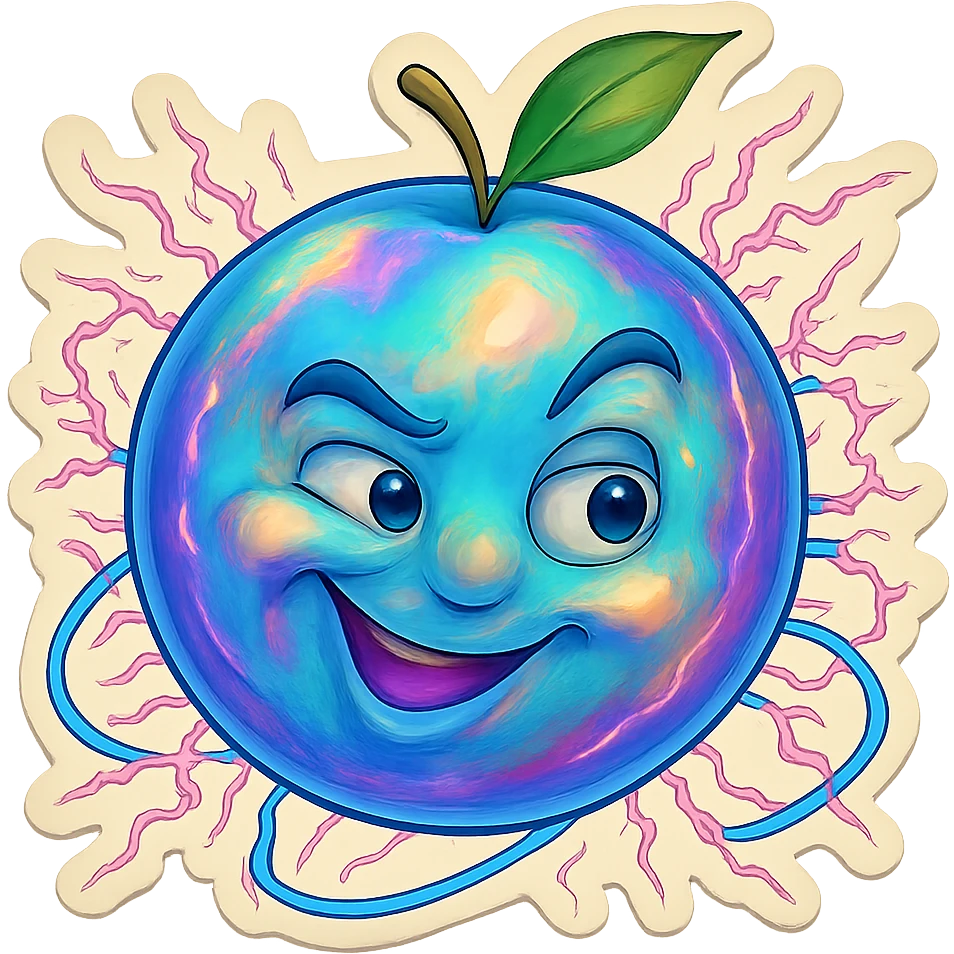 Refine this emoji to clearly look like a planet: keep the opal-like iridescent texture, wild electric energy, and playful, eccentric face, but emphasize a round planetary shape with visible rings and planetary features. Keep the background transparent. emoji