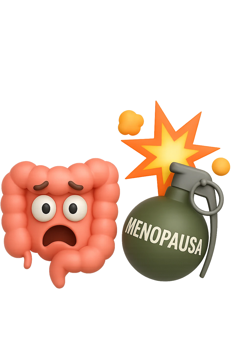 EMOJI STILE IPHONE 3D DI INTESTINO 3D CON ESPRESSIONE SPAVENTATA IN VOLTO MENTRE ACCANTO A LUI SCOPPIA UNA GRANATA 3D CON LA SCRITTA "MENOPAUSA" SOPRA, FAGLI ANCHE LA PARTE BIANCA DEGLI OCCHI, NON SOLO LA PUPILLA emoji