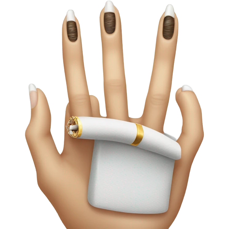 A hand with long manicured nails and a ring on every finger, holding a cigarette  emoji