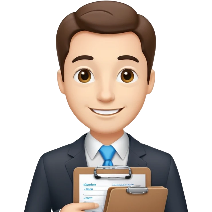 car salesman with a clipboard, cheerful expression, suit emoji