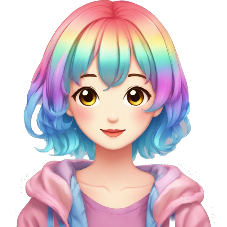 Gorgeous anime style shojo character with blushing face aesthetic and pretty colorful shiny gradient neon rainbow hair with hair garment trending style emoji
