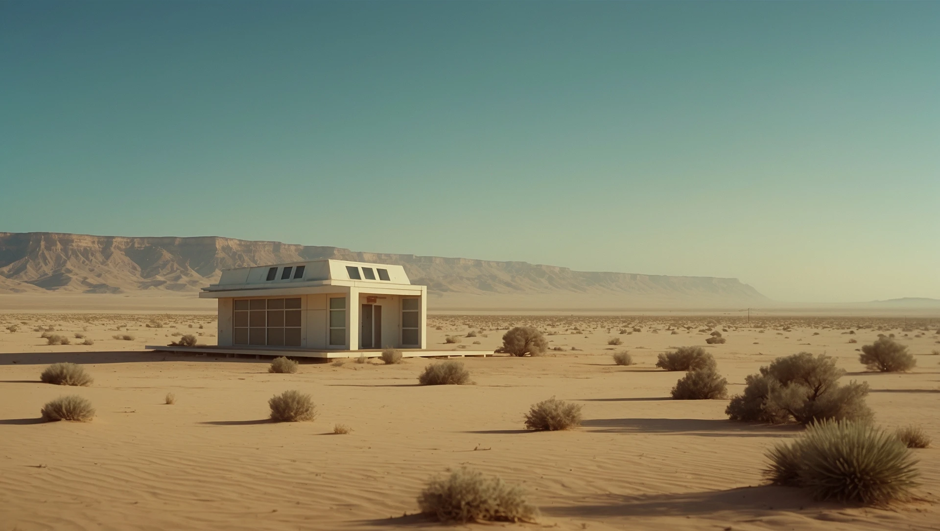 Cinematic still from 1990s Retro Space movie, film called Retro Futurism, Establishing scane showing desert with single small futuristic bulding, big landscape in background showing loneliness emoji