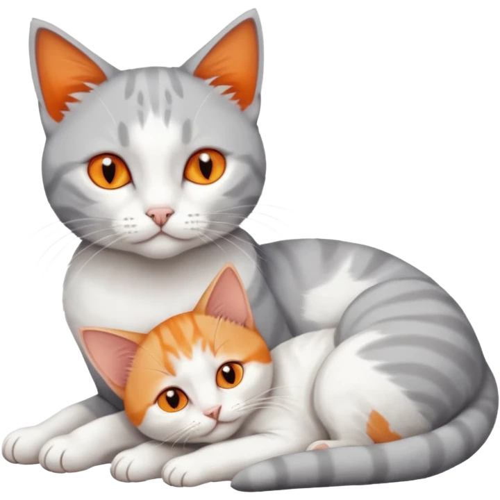 full body of a grey and white cat cuddling a very small + skinny ginger and white kitten with deep orange eyes and triangular shaped face lying down emoji