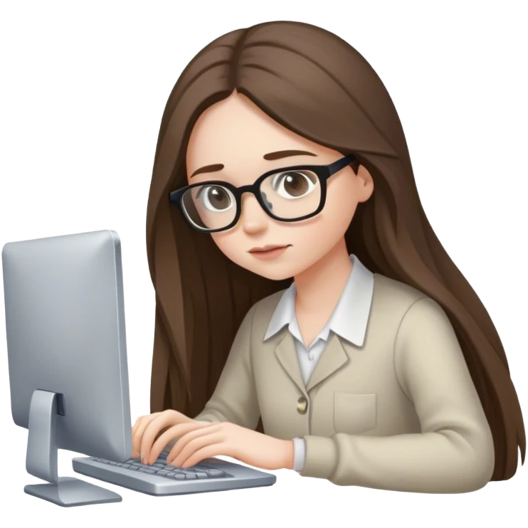 pale brunette girl with long hair wearing glasses working on computer looking down emoji