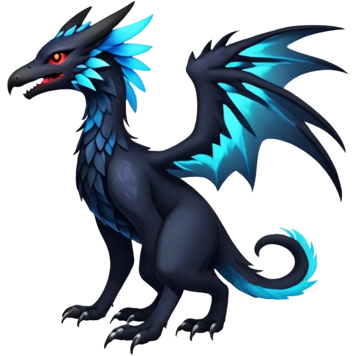 Black Dark Exotic Beaked Feathery Nocturnal Neon-glowing Abyssal Nightly Abyss-Cat-Gryphon-Salandit-Nargacuga-Silvally-Vernid-Sergal-Fakémon-Hybrid-Creature (full body) emoji