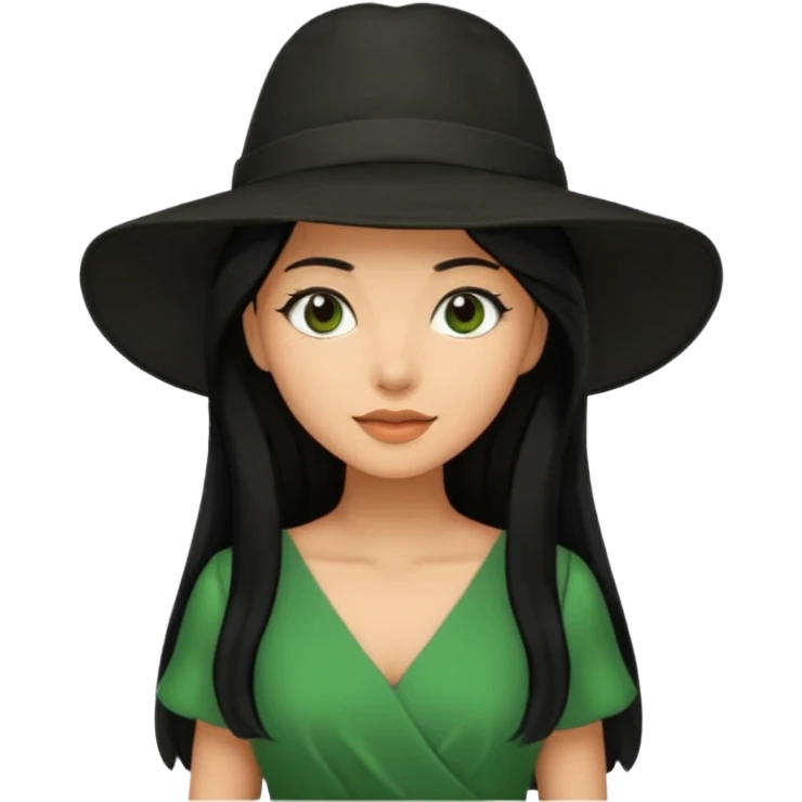 green dress black long hair black hat emoji