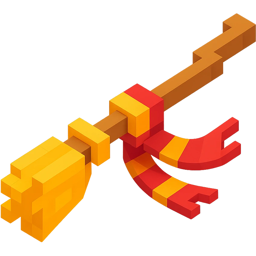 3D Minecraft-style voxel emoji of a flying broomstick with a scarf, inspired by Harry Potter, blocky and cubic emoji
