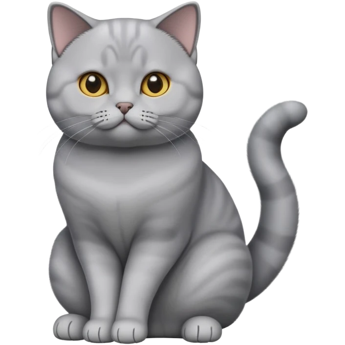 cinematic-[British shorthair cat]-realistic-full-body-sitting-emoji,-tail-curled-playfully-around-its-paws,-head-tilted-dramatically,-sleek-[grey]-fur,-simplified-yet-hilariously-adorable-features,-highly-detailed,-glowing-with-an-almost-sarcastic-glow emoji