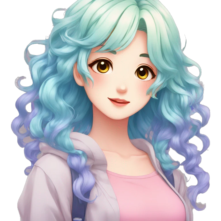 Gorgeous anime style shojo character with blushing face aesthetic and pretty colorful shiny gradient pastel hair with hair garment trending style emoji