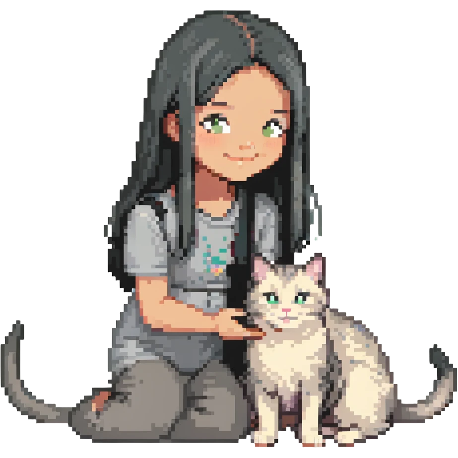 Remix: Beautiful girl with long straight black hair, inspired by the reference, petting a gray and blonde mixed cat, pixel art style, girl smiling, cat on her lap emoji