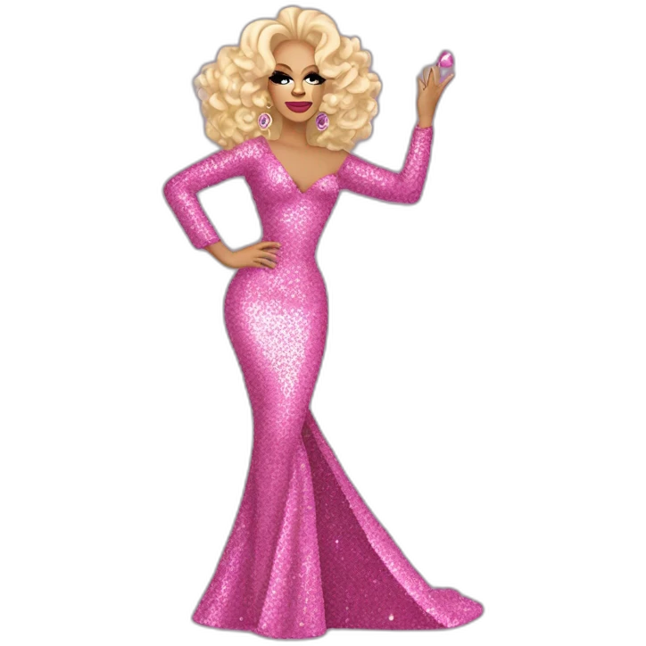 Drag queen Rupaul, curly blonde hair styled swept to the right. Full body, pink sequin dress, posed with left hand on her hip, right hand raised in the air. Iconic, legendary, victorious emoji