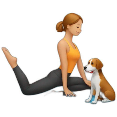 A woman doing yoga next to a beagle emoji