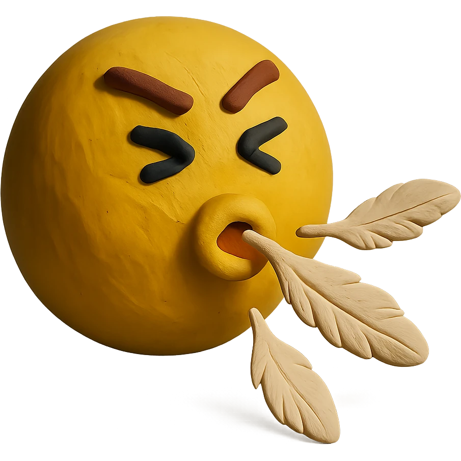 claymation style classic yellow round face emoji spitting feathers emoji