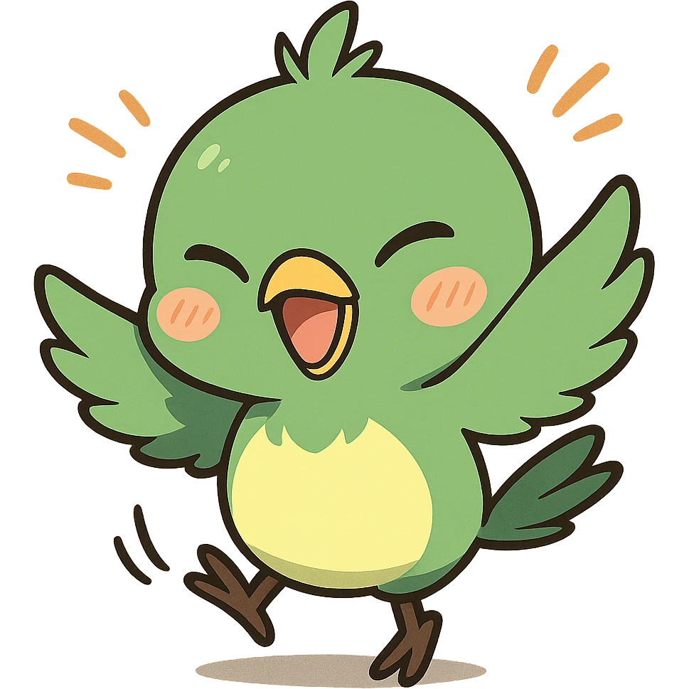 green chibi anime bird dancing, joyful and energetic, chibi anime style emoji
