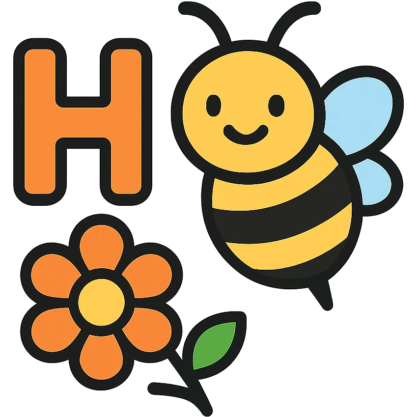 cartoonish bumblebee with the letter H and a flower emoji