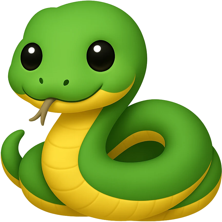 Make the baby anaconda look even younger and cuter, with a rounder face, bigger eyes, and a smaller body, in a simple and adorable emoji style, no background. emoji
