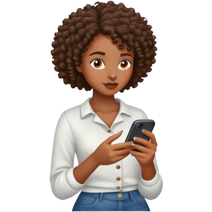 Black girl with edges and curly hear texting on a phone emoji