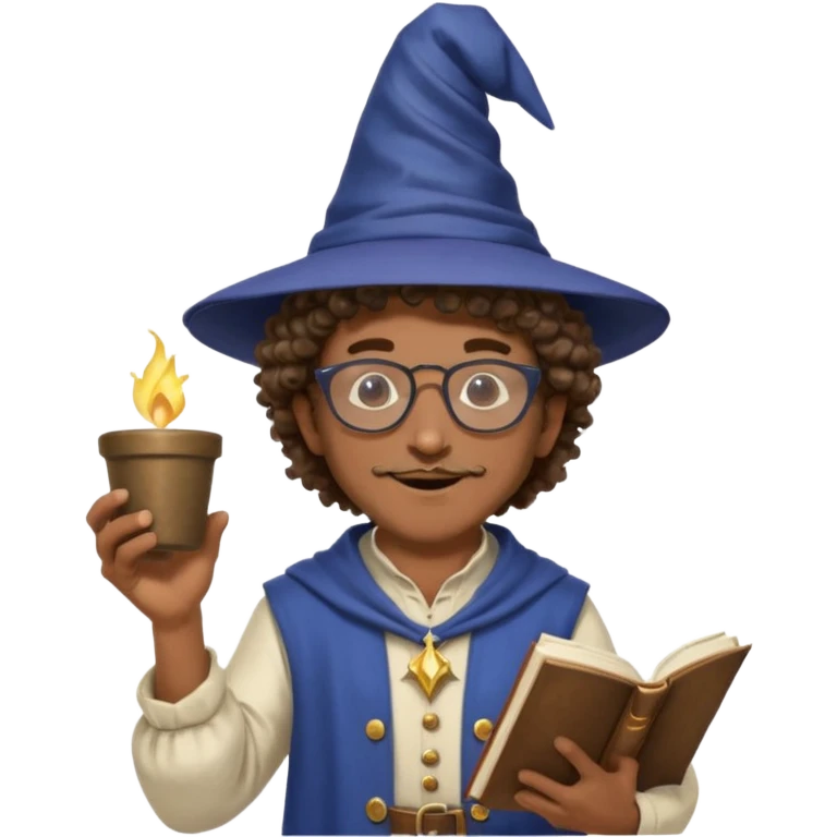 A Joyful Adult Male with Brown skin and Curly hair, wearing a Traditional outfit, a Wizard hat, Sunglasses, carrying a Spellbook, working as a farmer, while drinking Coffee and reading a Textbook. emoji