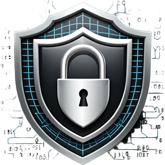 An icon featuring a shield with a padlock, a digital network grid, and binary code, symbolizing cybersecurity. The design includes a hacker’s silhouette, a firewall, and encrypted data flow, representing protection against cyber threats. Transparent background highlights digital security. emoji