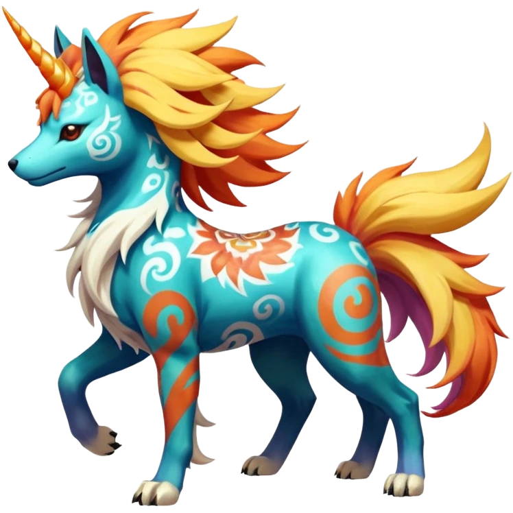 Graceful Elegant Tropical Tiny Marked Patterned Tribal Colorful Painted Oriental Asian Patterned Tropical Exotic Toxic Suicune-Solgaleo-Rapidash-Arcanine-fusion-hybrid-creature (full body) emoji