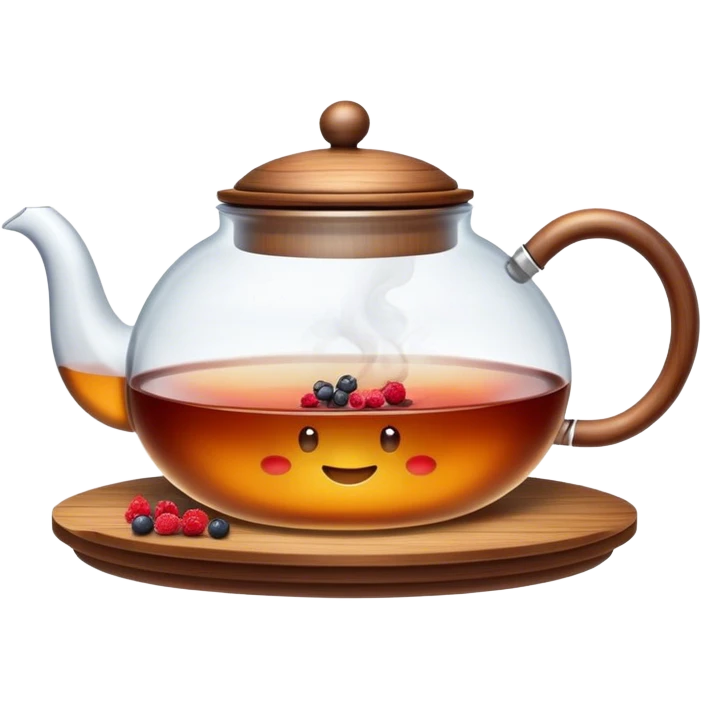 A cinematic realistic emoji with an attractive image of a steaming transparent teapot with a wooden lid filled with tea with berries, rich texture and warm, festive lighting. emoji