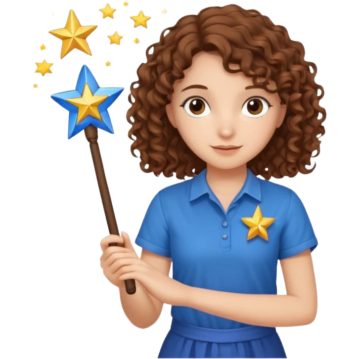A girl with brown curly hair with a magic wand in her hand, with a star at the end of the wand, a girl wearing a blue shirt emoji
