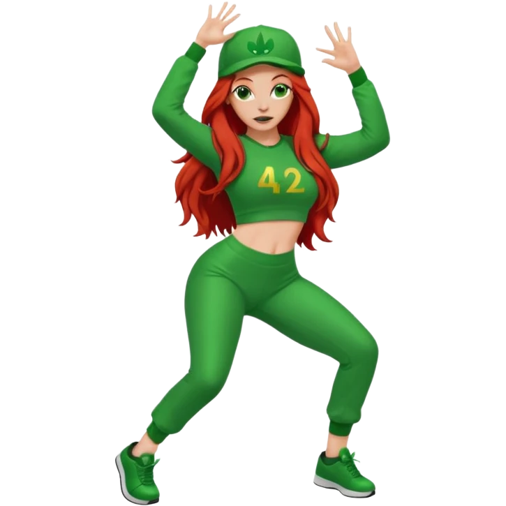 Thick white woman twerking with long red hair and green 420 outfit emoji