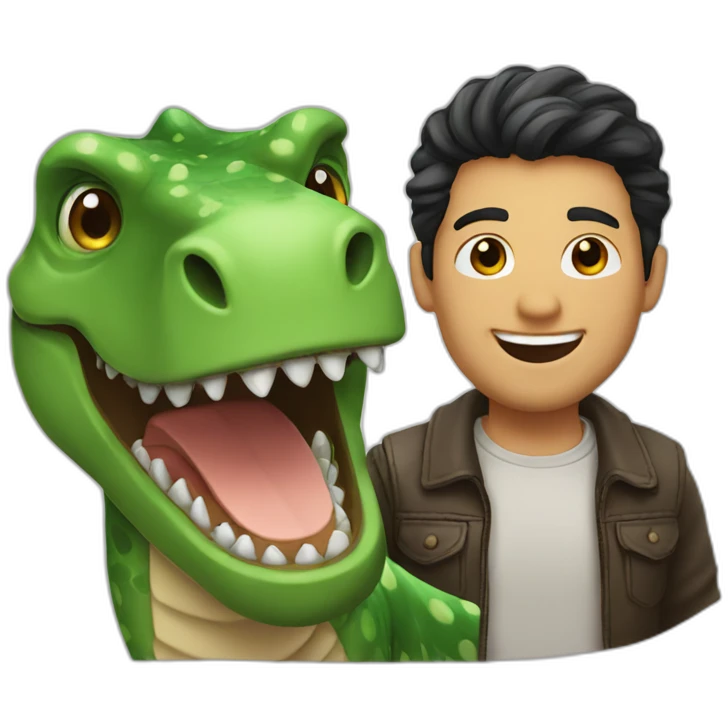 nice man with green eyes, dark hair, smiling with a dinosaur emoji