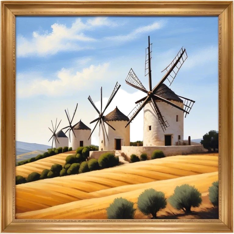 ​Cinematic Realistic Spanish Windmills (Mota del Cuervo), depicted as a cluster of gracefully aged windmills with weathered whitewashed facades and rustic wooden sails, standing proudly on a sunlit, rolling hillside of golden fields and olive groves, rendered with intricate textures and soft natural lighting that captures the timeless rural charm and historical significance of the Spanish landscape, emoji