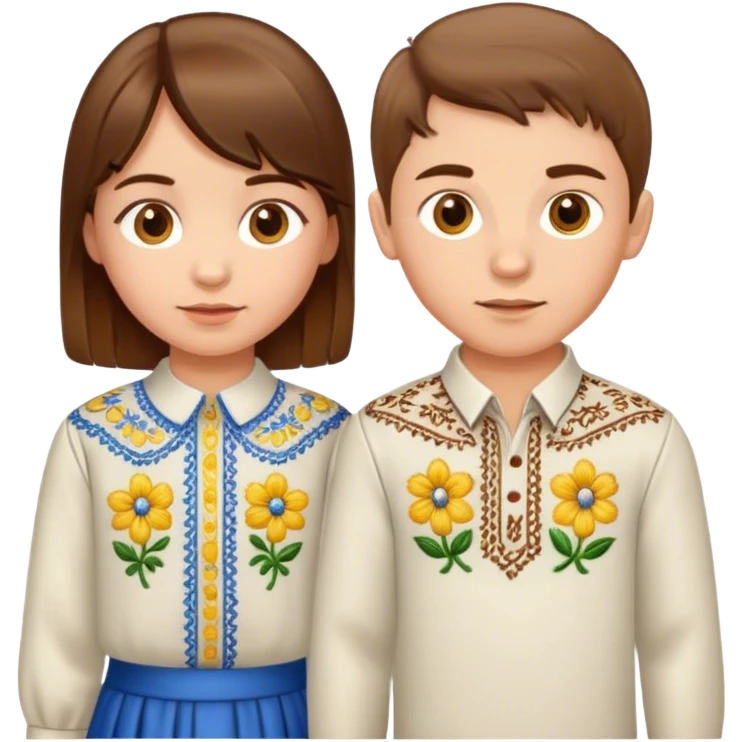 A Ukrainian girl with brown hair in an embroidered shirt and a Ukrainian boy in an embroidered shirt emoji