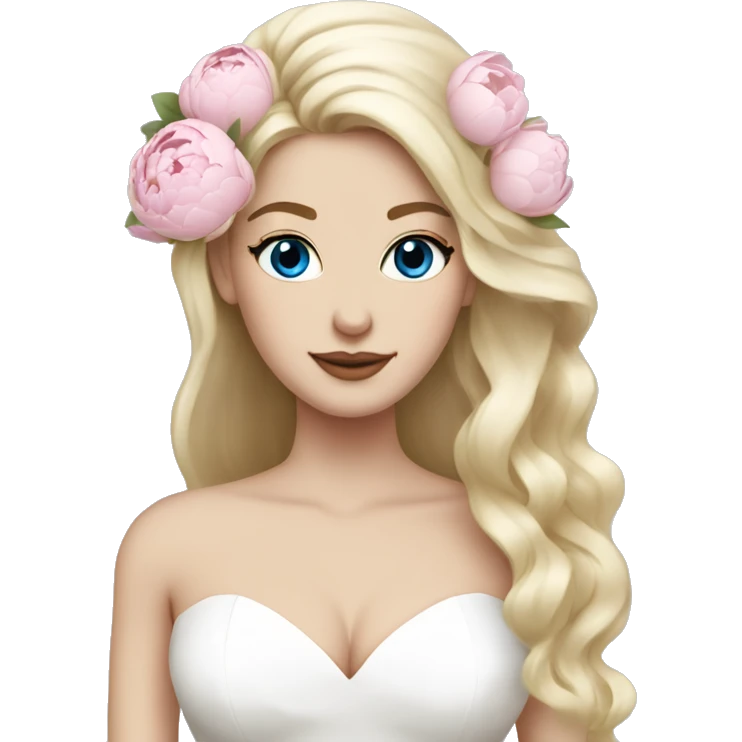 White bride with long light blonde hair and blue eyes with light pink peonies in hair white skin  emoji