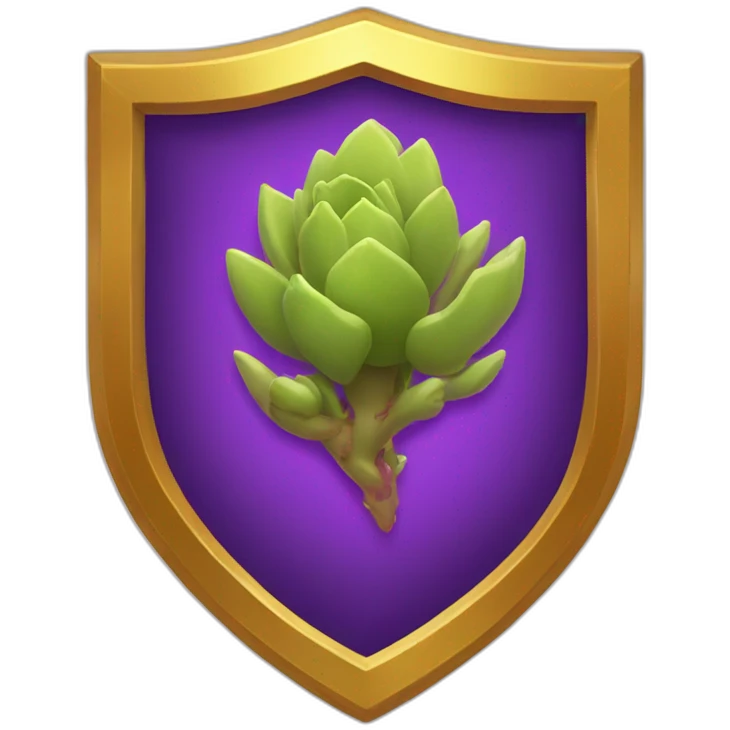 purple shield with a gold border and a sprouting gold and red succulent at the centre emoji