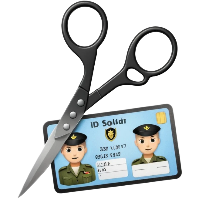 black Scissors cutting an idf soldier ID card in 2 parts .hyper realistic emoji