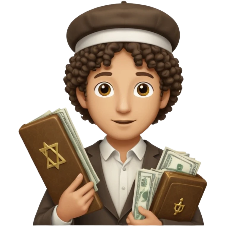 Jewish man (with curly hair) with Jewish hat holding money and Torah emoji