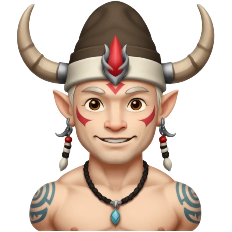 Man white skin with horned hat — tribal tattoos, smirk. emoji