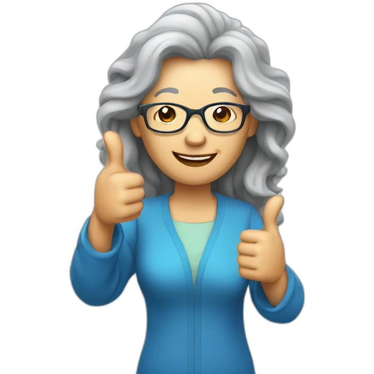 Chinese senior lady with long wavy hair wear glasses showing big thumbs up emoji